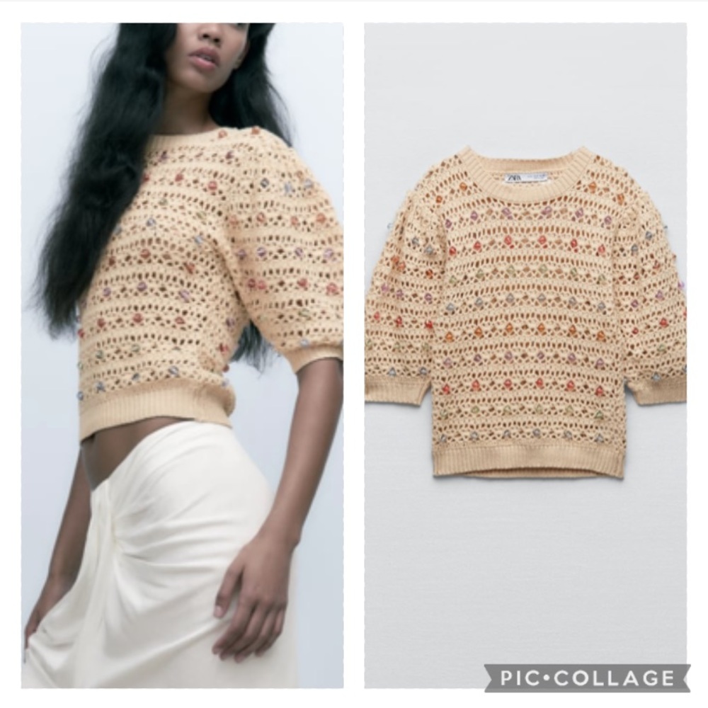 ZARA special edition crochet beaded knit sweater blogger favorite